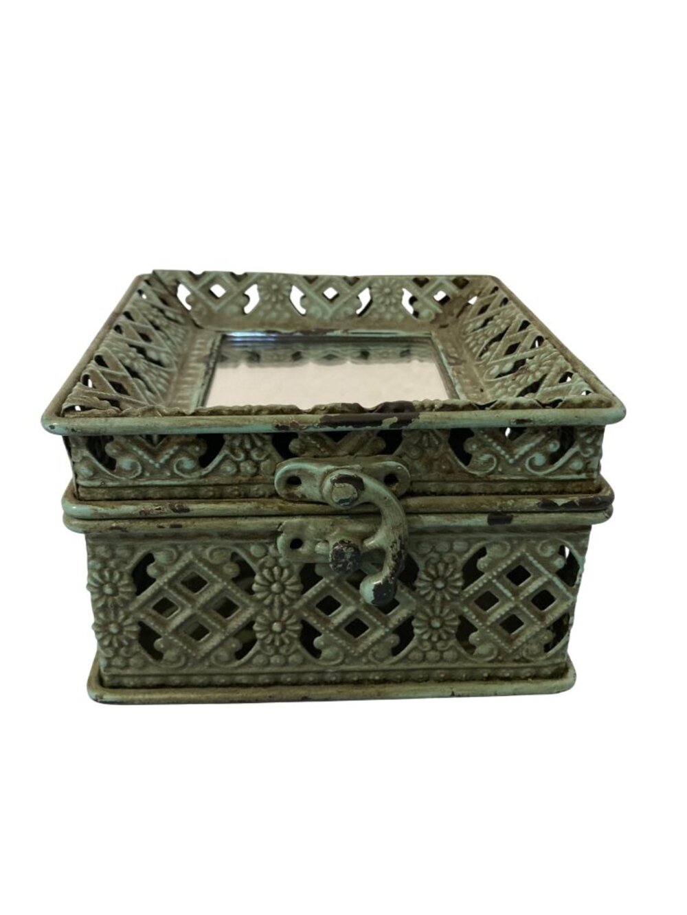 Vintage Green Metal Jewelry Trinket Box With Ornate Floral Design & Mirror Top